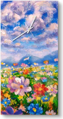 Produktbild von DEQORI Glasuhr 30x60 cm Zahlen 'Blumenwiese und Berge' Wanduhr Glas Uhr Design leise