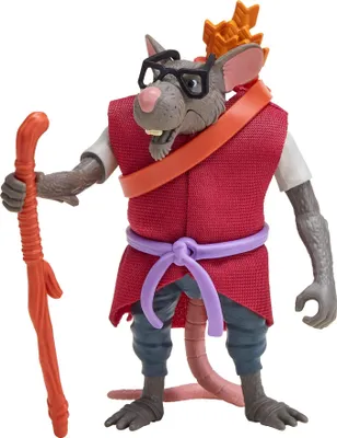 A toy action figure of Splinter from Teenage Mutant Ninja Turtles.