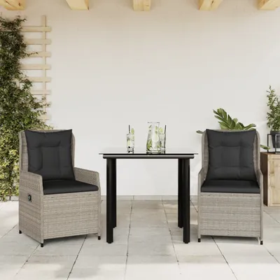 Produktbild von Design 3-tlg. Garten-Essgruppe mit Kissen Hellgrau Poly Rattan, Gartenmöbel-Sets 2024 Neu