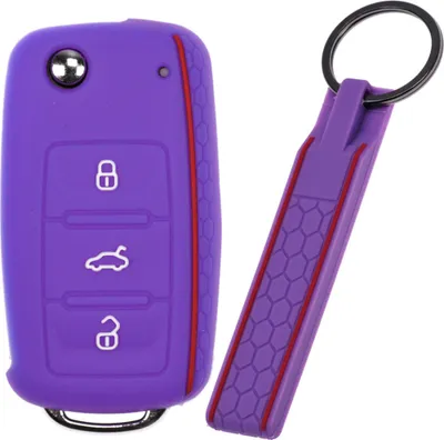 Produktbild von Auto Schlüssel Silikon Schutz Hülle + Schlüsselband im Wabe Design Lila kompatibel mit VW SEAT Skoda Golf 6 Octavia UP Leon 3 Tasten Klappschlüssel