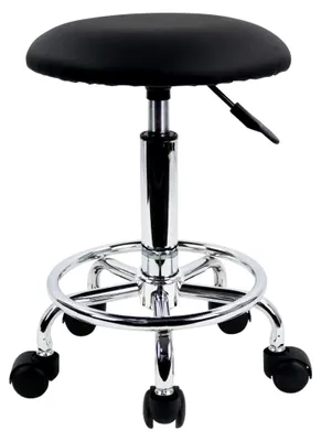 Produktbild von Rollhocker mit Fußstütze aus Kunstleder, rund gepolstert, 360° drehbar, höhenverstellbar von 49 bis 64 cm, schwarz