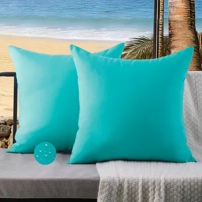 Produktbild von Set mit 2 Outdoor-Kissenbezügen, 50 x 50 cm, türkis, wetterfest, wasserdicht, für Garten, Balkon, Terrasse, Wohnzimmer, Sofadekoration