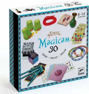 A product box for a magic trick set, displaying various components of the set.
