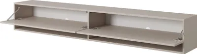 A long, narrow TV cabinet with two open compartments and two lower shelves, shown against a white background.