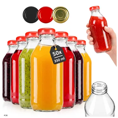 Zdjęcie produktu dla SuperButelki - 50x Butelki szklane KUBUŚ 330ml, butelka 0,33l sok soki soczki kompot + zakrętki + E-BOOK z przepisami, zestaw butelek, 0,33 l, komplet