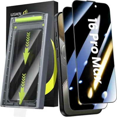 A product shot of a screen protector installation kit and screen protectors for an iPhone 16 Pro Max.