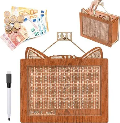 Productafbeelding van Houten spaarbox met een spelletje om het sparen aantrekkelijker te maken - herbruikbare acrylschijf - spaarvarken en spel - geschikt voor kinderen en volwassenen - spaardoel van 1000 euro