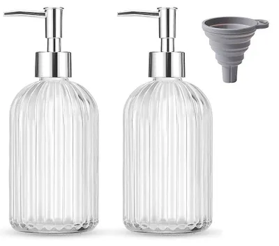 Produktbild von Omgoods – Seifenspender-Set, 2-teilig – Glas-Set – Goldene Pumpe – Silikon-Trichter – 400 ml – Modernes Design – Seifenspender
