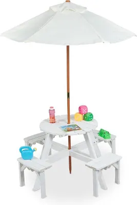 Immagine prodotto di Set da picnic in legno con piano rotondo e sedie per bambini, bianco