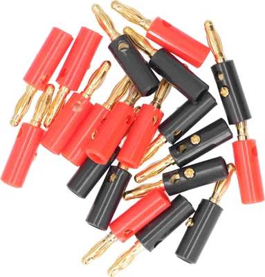 A pile of red and black banana plugs with gold connectors.