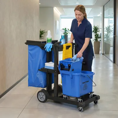 Zdjęcie produktu dla Wózek do sprzątania z wyciskarką do mopa, mobilny wózek do czyszczenia, plastikowy wózek do sprzątania z 3 półkami, kolor niebieski | 122x46x101 cm | worek na śmieci o pojemności 70 litrów | 12 kg