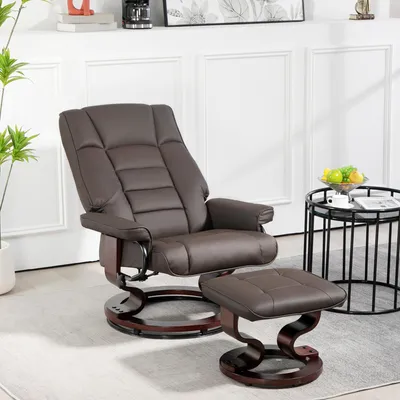 Image de Fauteuil relax avec repose-pieds, fauteuil TV en similicuir pivotant à 360°, fauteuil inclinable avec structure en bois, marron | 85 x 76 x 104 cm | jusqu'à 150 kg | inclinable à 130°