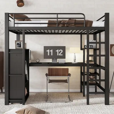 Produktbild von okwish Hochbetten 90x200cm  Etagenbett Jugendbett, Kinderbett ，Studentenbett ，Mit Tisch und Kleiderschrank, Reichlich Ablagefächer, Mit 5-stufiger Leiter, Keine Matratze，Schwarz