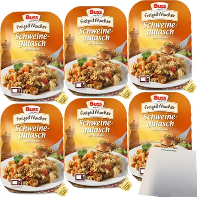 Produktbild von Buss Schweinegulasch mit Nudeln herzhaft abgeschmeckt 6er Pack (6x300g Packung) + usy Block