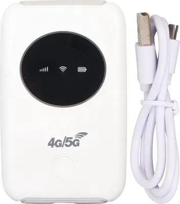 A white 4G/5G portable WiFi router with a charging cable.