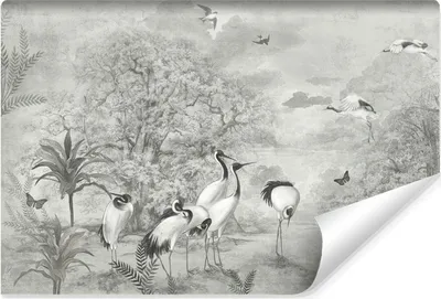 Produktbild von Muralo Selbstklebende Fototapete KRANICHE Vögel Bäume Pflanzen Natur Vintage Br. 368cm x Hö. 280cm