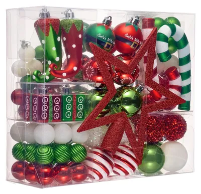 100 Kunststoff-Weihnachtskugeln, Rot/Grün/Weiß, Elfen-Design