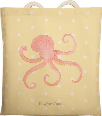 Produktbild von Mr. & Mrs. Panda Tote Bag Tintenfisch - Gelb Pastell - Geschenk, Einkaufstasche, Meer, Lustige Sprüche, Beutel, Beuteltasche, Ozean, Tasche, Krake, Meerestier, shopping