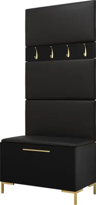 A black and gold hall tree with a bench and storage.