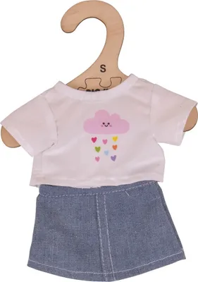 Productafbeelding van Bigjigs Toys: Wit T-shirt met een spijkerbroekrok voor een pop van 28 cm