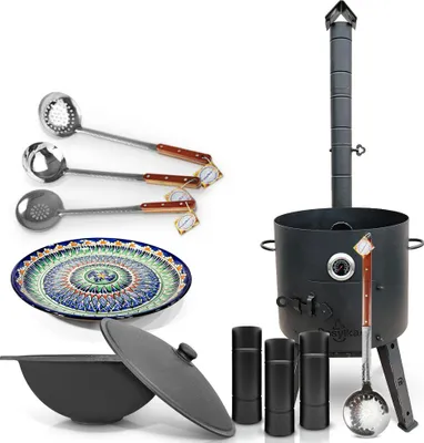 Produktbild von Gusseisen Kazan 16 L Deckel Utschak Feuerofen 44cm Schaumlöffel Lagan