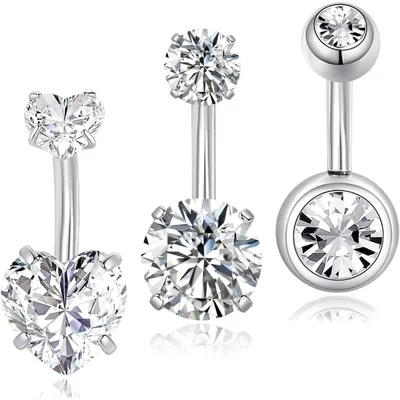 Image de Lot de 3 piercings pour nombril, en acier chirurgical, avec zirconium, de 6 mm, couleur argent, pour femmes