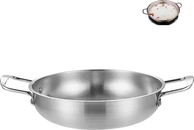 Produktbild von Tiefe Edelstahlpfanne mit Doppelgriff und rutschfestem Boden - 1350 ml - Ideal zum Braten und Kochen. Pasta- und Steakpfanne mit verstärktem Boden - Typ Plata.