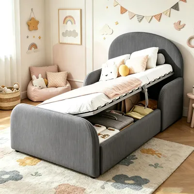 Produktbild von Flieks Kinderbett 90x200cm mit Rausfallschutz, Hydraulisches Polsterbett mit Stauraum, Bodenbett Einzelbett mit Lattenrost, Stauraumbett Samt, Grau