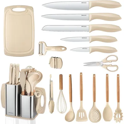 Productafbeelding van Keukenmes sets (18-delig), messenblok (7-delig), spatels, kleur: kaki