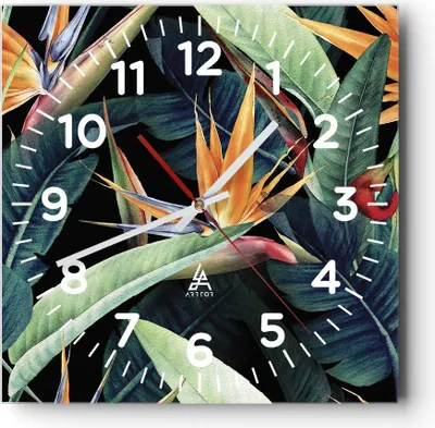 Produktbild von Wanduhr - Quadrat - Glasuhr - Pflanze Tropisch Blume - 30x30cm - Schleichendes Uhrwerk - Lautlos - zum Aufhängen bereit - Dekoration Modern - Wanddekoration aus Glas - C4AC30x30-5093