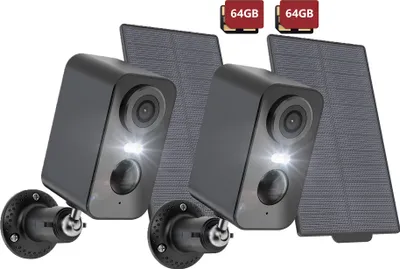 Image de caméra de surveillance extérieure 2K sans fil avec panneau solaire, caméra extérieure vision nocturne couleur avec PIR, audio bidirectionnel, surveillance à distance, alarme, 2PCS, 64GBx2
