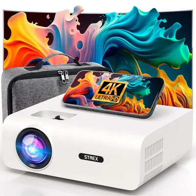 Productafbeelding van Strex Beamer - 1080P Full HD - 15000 Lumen - Draadloos Streamen - Inclusief Tas/Projectiescherm - WiFi - Bluetooth - Mini Beamer - Projector