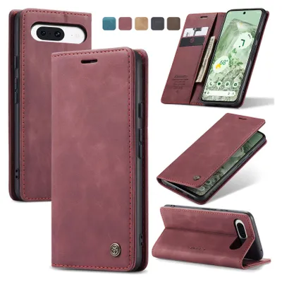 A collage of images showcasing a red leather flip phone case for a Google Pixel 8a.