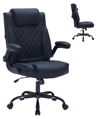 Obrázek produktu pro Kancelářská židle – ergonomická židle pro manažery – umělá kůže – nosnost 159 kg – výškově nastavitelná – bederní opěrka – sklopné područky – otočná – černá