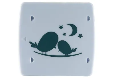 A light blue night light with a dark blue silhouette of two birds on a branch, a moon, and stars.