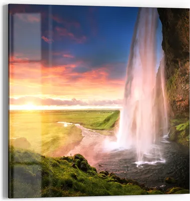 Produktbild von DEQORI Glasbild Echtglas 30x30 cm 'Seljalandsfoss Wasserfall' Wandbild Bild modern Deko