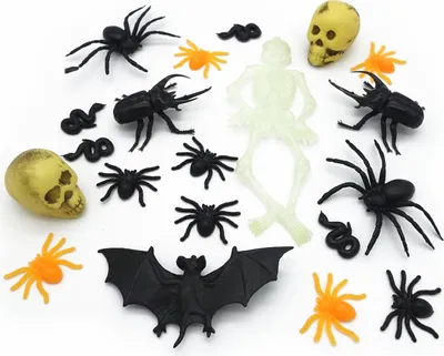 Produktbild von 20-teiliges Halloween Party Deko-Set (Spinnen, Schlangen, Hirschkäfer, Totenköpfe, Skelett, Fledermaus)