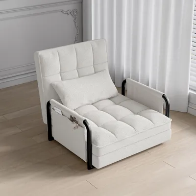 Produktbild von Fortuna Lai 5-fach verstellbares Schlafsofa – Multifunktionaler Sessel/Sofa/Liege/Bodenbett, Klappbares Sofa mit Armlehnen & Kissen, Bouclé-Stoff, Beige