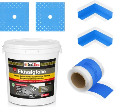 Produktbild von Isolbau Dicht-Set - Inkl. 1x Flüssigfolie (20 kg), 1x Dichtband (10 m), 2x Innenecken & 2x Manschetten