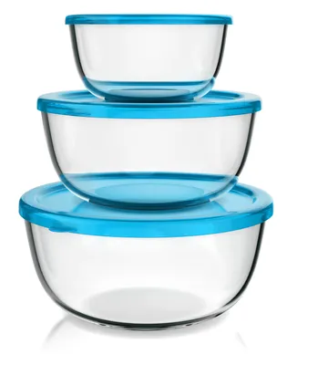 Produktbild von Arendo Salatschüssel 3er Set mit Deckel, Glasschüssel 1,1L / 2,7L / 4,4L, Glas Rührschüssel, Glas, Glasschale, BPA-frei, Mikrowellen- und spülmaschinengeeignet