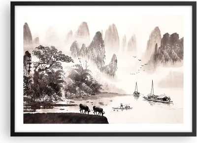 Produktbild von Gerahmtes Poster - Schwarzer Rahmen - Chinesisch Landschaft Aquarell - 70x50 cm - Wand Bild - Wanddeko - Wandbilder - Wandposter - Bilderrahmen - Bilder - Kunstdruck - Wandbild - P2BAA70x50-4265
