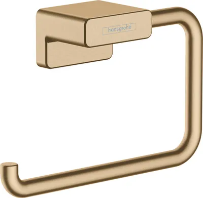 A close-up studio shot of a gold-colored toilet paper holder.
