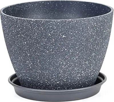 A dark gray speckled planter pot with a matching saucer, isolated on a white background.