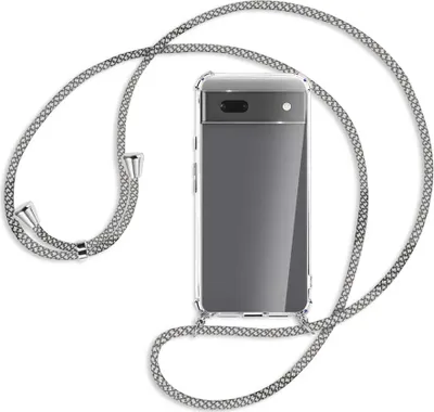 Produktbild von Handykette Backcover-Schutzhülle mit Band (Metall silberfarben) für Google Pixel 6a - weiß/grau kariert