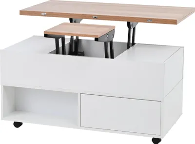 Produktbild von okwish Multifunktionaler Couchtisch Beistelltisch mit 4 Schubladen und 4 Rollen,höhenverstellbar Schubladen mit 4 Rollen,Weiß+Holzfarbe