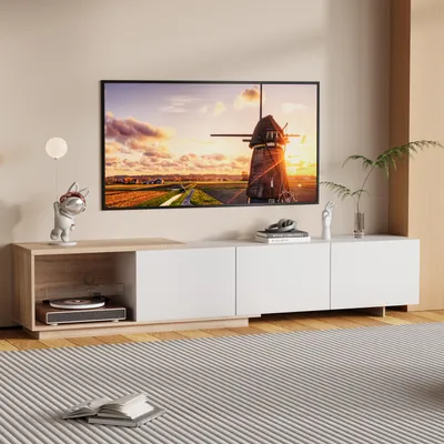 Image de Meuble TV extensible 180 cm blanc avec LED à capteur, éclairage tricolore, tiroirs à rebond, panneaux bois brun et blanc, design moderne et pratique