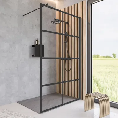 A modern bathroom with a walk-in shower, wooden slatted wall, and a large window overlooking a field.