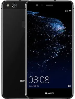 A black Huawei P10 Lite smartphone is shown from the front and back, with the screen displaying the time and date.