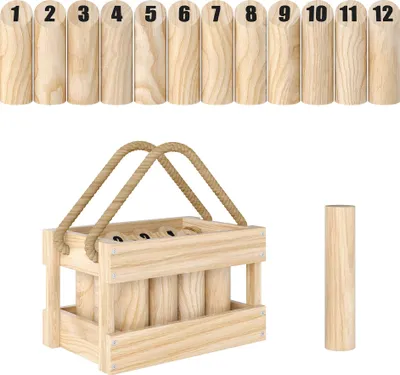 Image de SPORTNOW Jeu de quilles finlandaises, jeu de plein air en bois de pin 12 quilles, 1 bâton et 1 boîte de transport, jeux de plein air pour adultes, jardin, pique-nique, plage, fête, effet bois naturel
