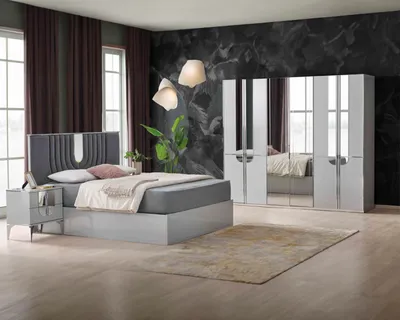 Produktbild von Komplette Doppelbett Nachttische Bett 4tlg Grau Schrank Schlafzimmer